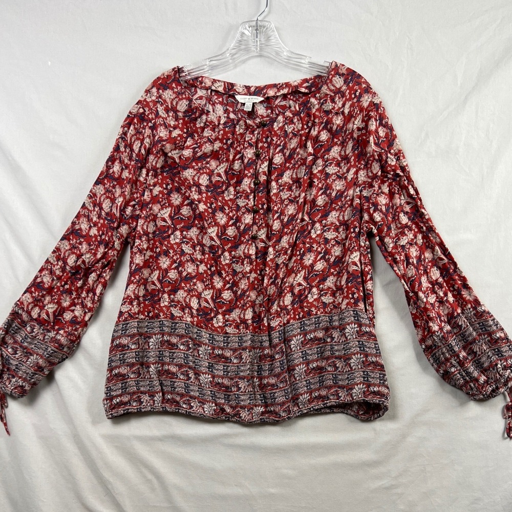 Lucky Brand Peasant Top Womens XL Red Floral Long Sleeve Button Front Blouse